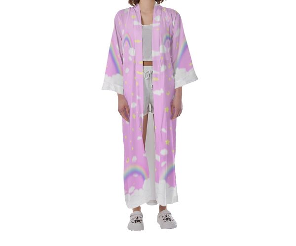 Pink rainbow  Long Satin Kimono Robe
