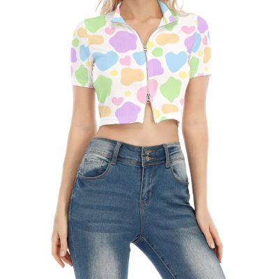 Pastelc cow top With Two-way Zipper
