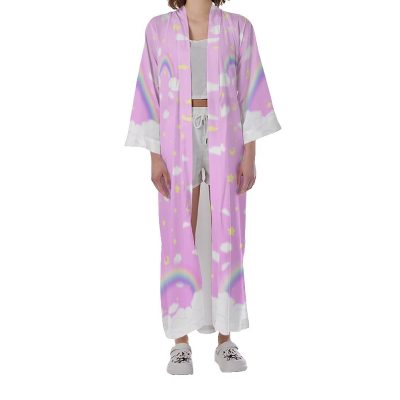 Pink rainbow  Long Satin Kimono Robe