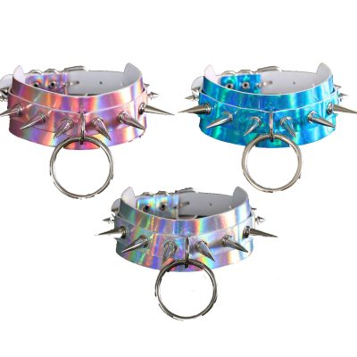 Holographic choker with silver spikes